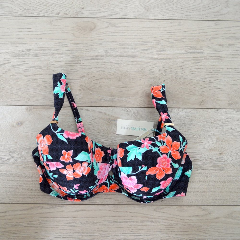 Sea Level Swim Australia black floral F cup underwire bikini top woman size 12